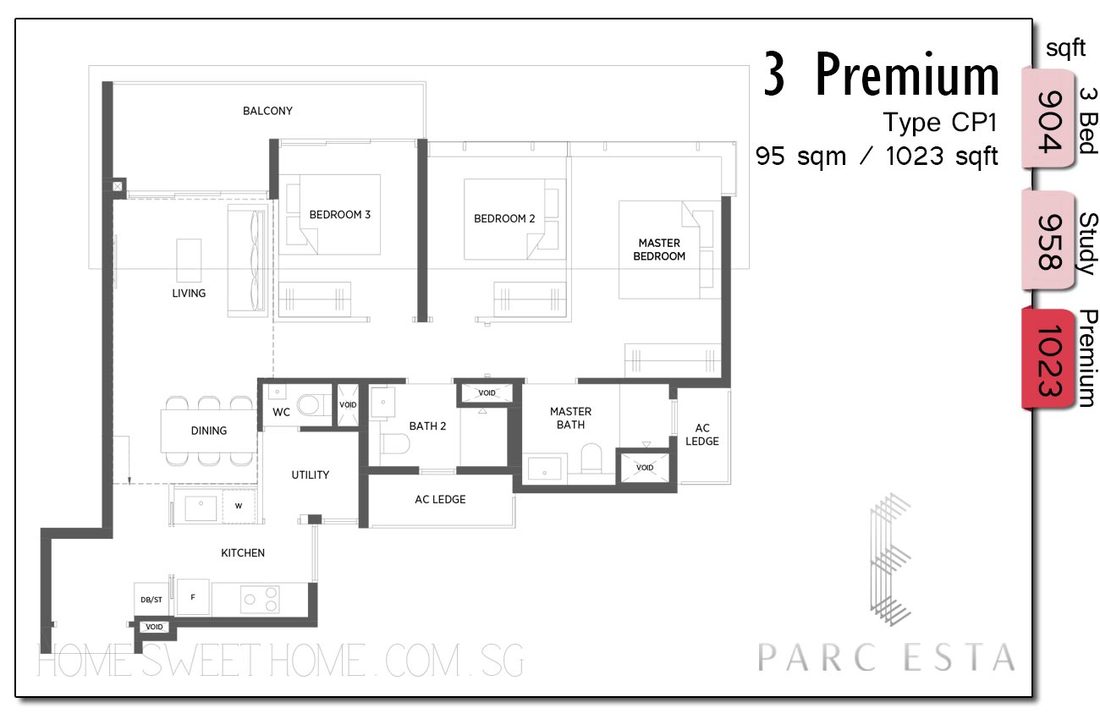 Parc Esta Condo Floor Plans - 3 Bedroom Premium for big family with helper / maid living together. Unit is designed with huge storeroom / utility area / extra bedroom! Enclosed kitchen with glass panel for more brightness and class, additional WC/ toilet for helper's use. 1023 sqft size.