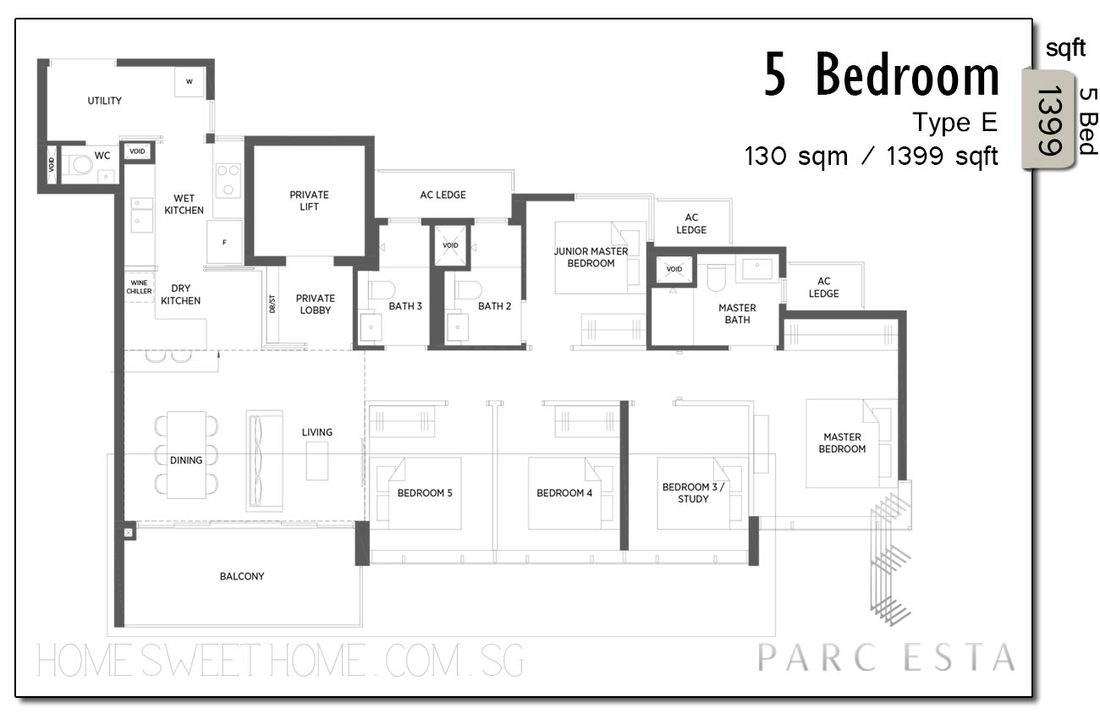 Parc Esta New Launch Condo Floor Plans - 5 Bedroom Luxury Property in Singapore with Private Lift. For whole family to stay together. Wet & Dry kitchen, SMART Home mirror panel, with utility room/store room and back door to common foyer. Junior Master. All 5 bedrooms can fit queen/king sized beds!
